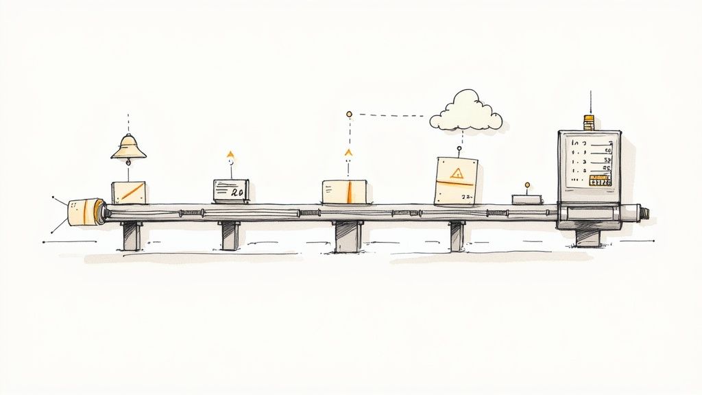 A hand-drawn illustration of an automated assembly line with boxes, a bell, a cloud connection, and a data display.
