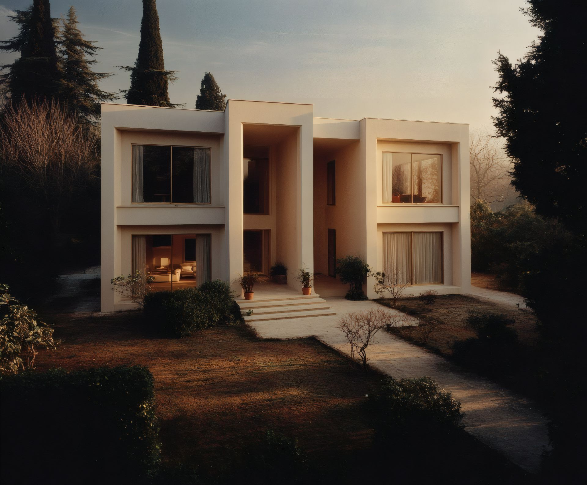 A minimalist house with large windows
