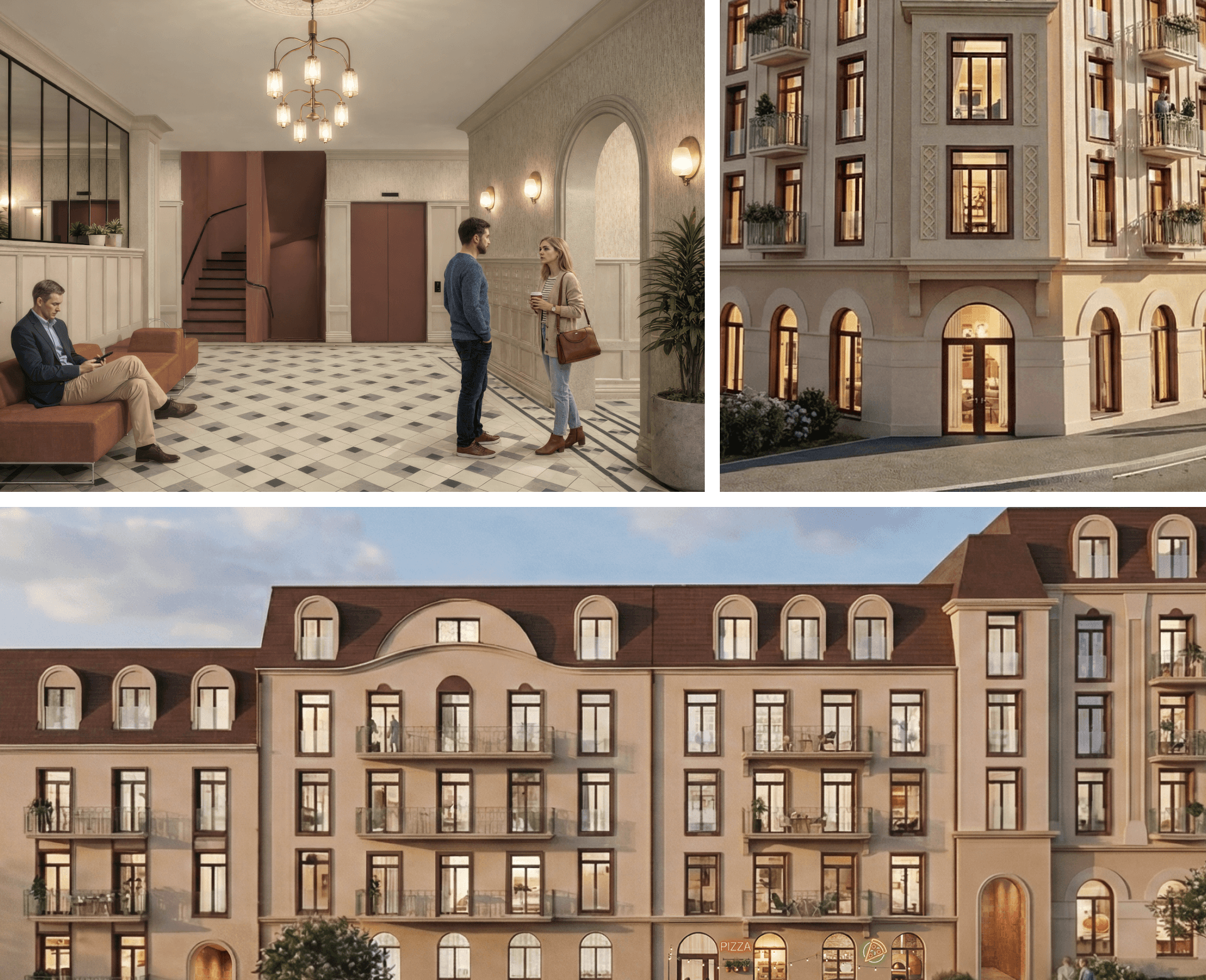 Arkitektoniske detaljer i HasleHaven – klassiske fasader, buede takvinduer, balkonger og hovedinngang med naturstein