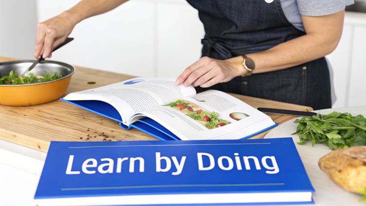 A person in an apron cooks, stirring vegetables in a pan, while consulting an open recipe book and a "Learn by Doing" book.