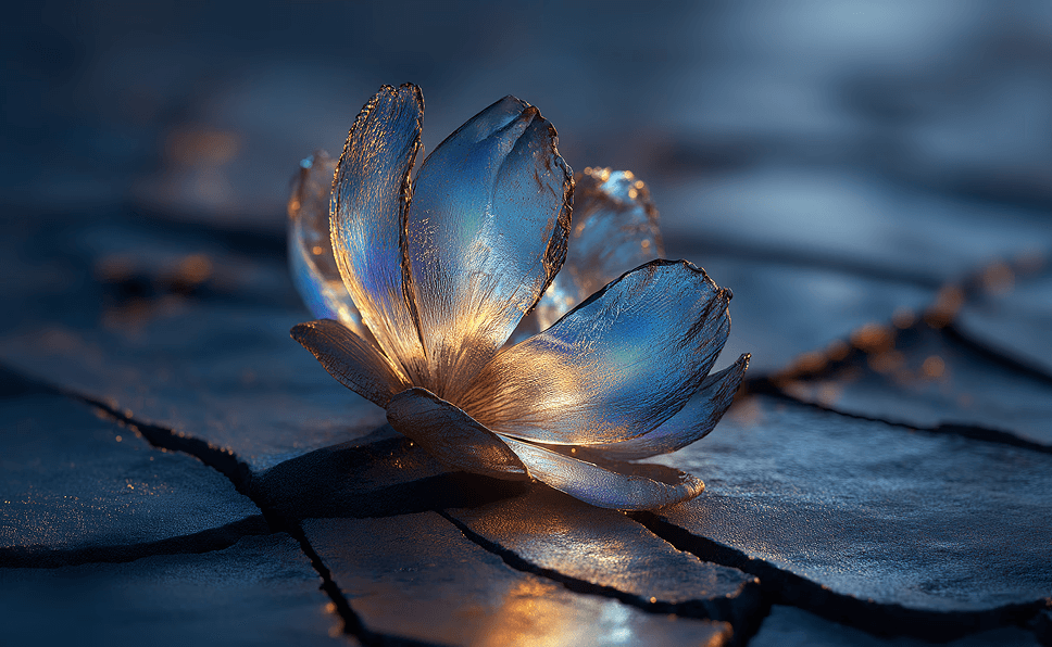 An ethereal portrait of a person in a white flowing garment, captured mid-motion with digital glitch effects and sparkling light particles dissolving into a bright, misty background.