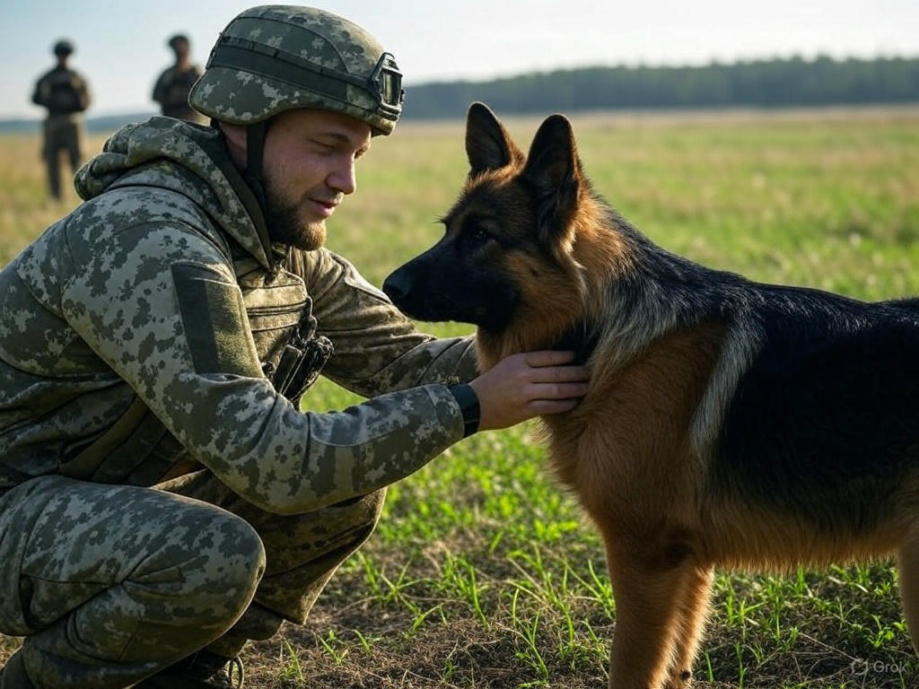 A military service member in digital camouflage uniform with a helmet kneeling next to a German Shepherd military working dog in an open field. The soldier is petting or interacting with the dog, showing the bond between military handlers and their canine partners. Other personnel can be seen in the background of the grassy training area.