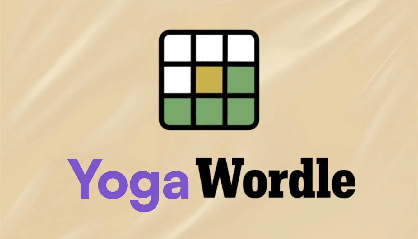 Illustrated grid of glowing star-marked tiles laid across violet hills under a dusk sky – Movement Wisdom Yoga Wordle