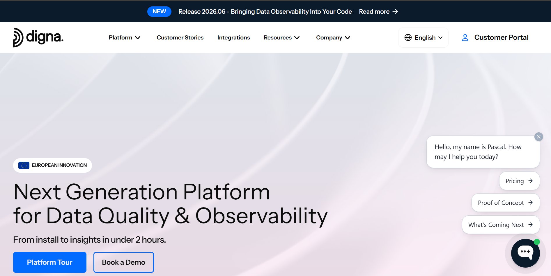 Digna homepage showcasing a data quality and observability platform, with a chatbot interface.
