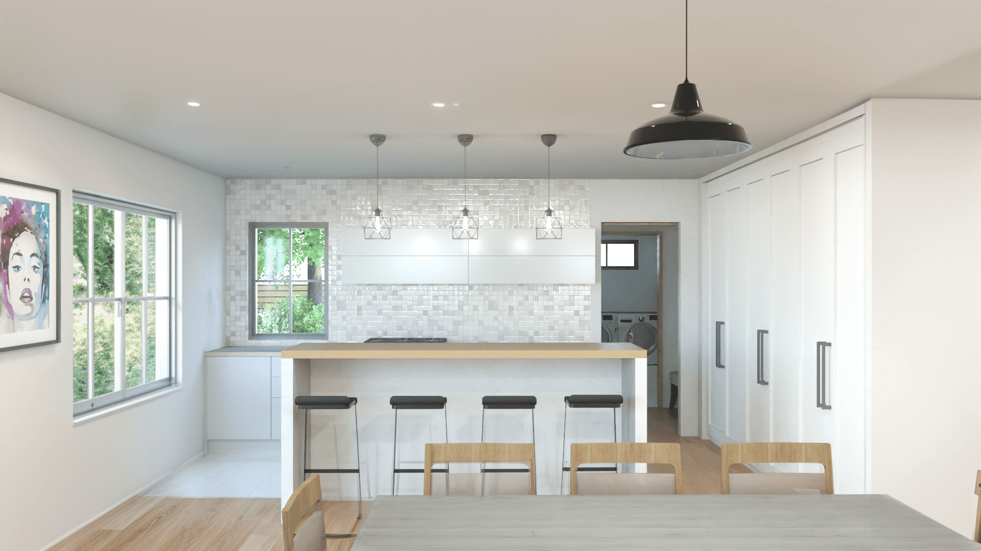 Bright living room with large windows, neutral furniture, and an open layout connecting to the dining area and kitchen.