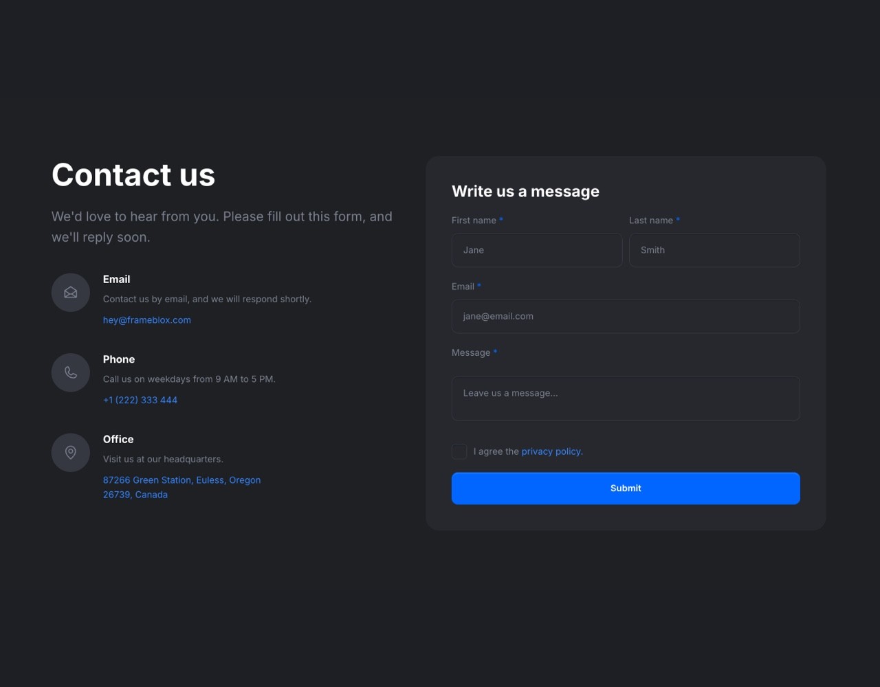 Framer Dark Contact Section - Frameblox UI