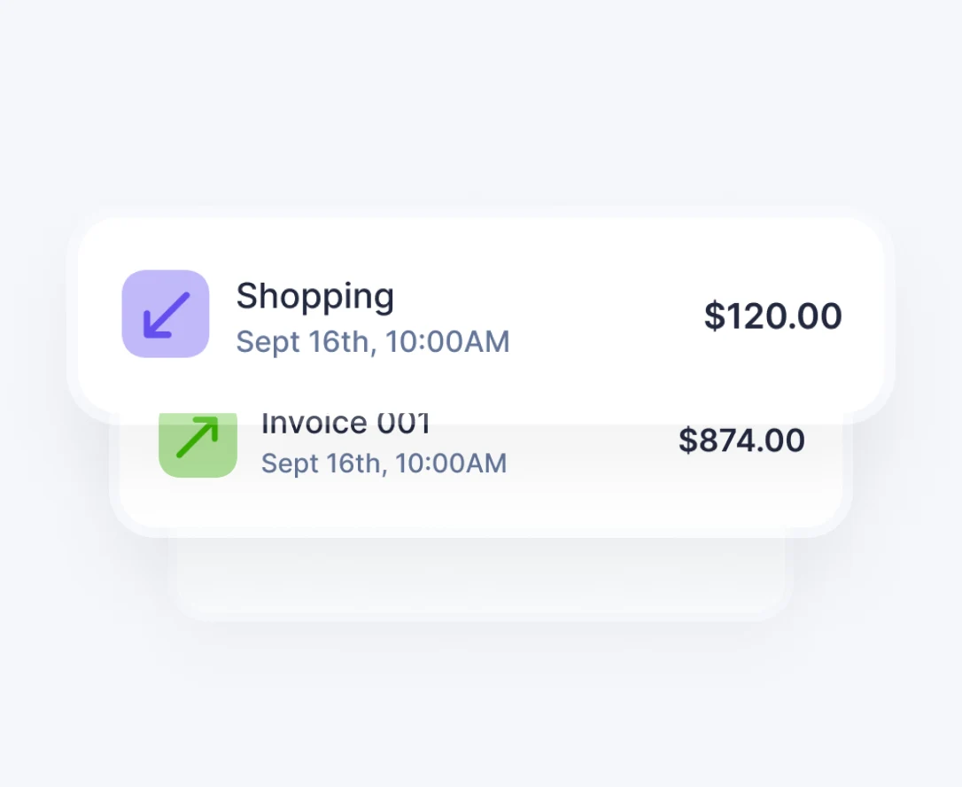 Dashboard showing recent transactions for shopping and invoice payments with live status updates