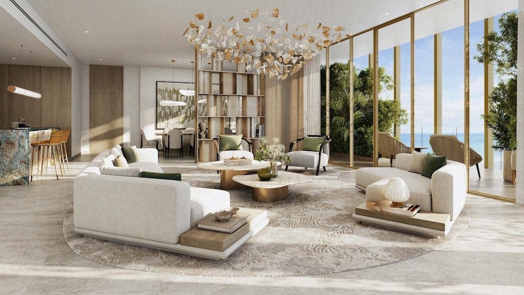 Chic living room and dining space in a luxury condo, highlighting upscale decor and a harmonious layout.