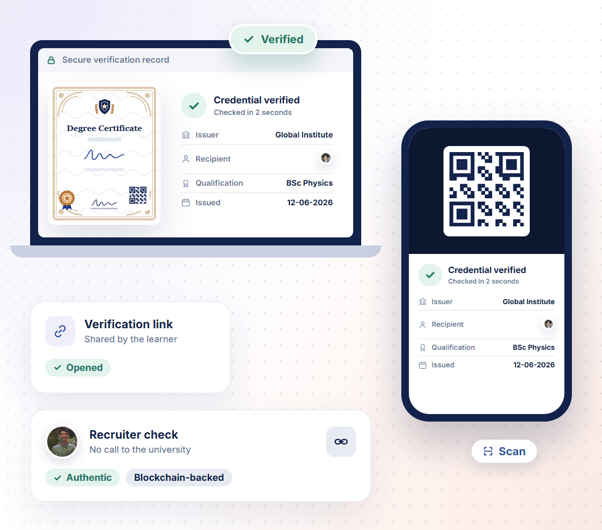 A recruiter verifying a degree on a laptop and a phone scanning a QR code, both showing the credential verified in seconds and backed by blockchain