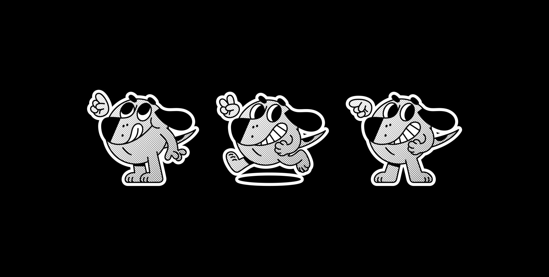 Three poses of the Black Dog halftone dog mascot pointing, running and waving, brand character design