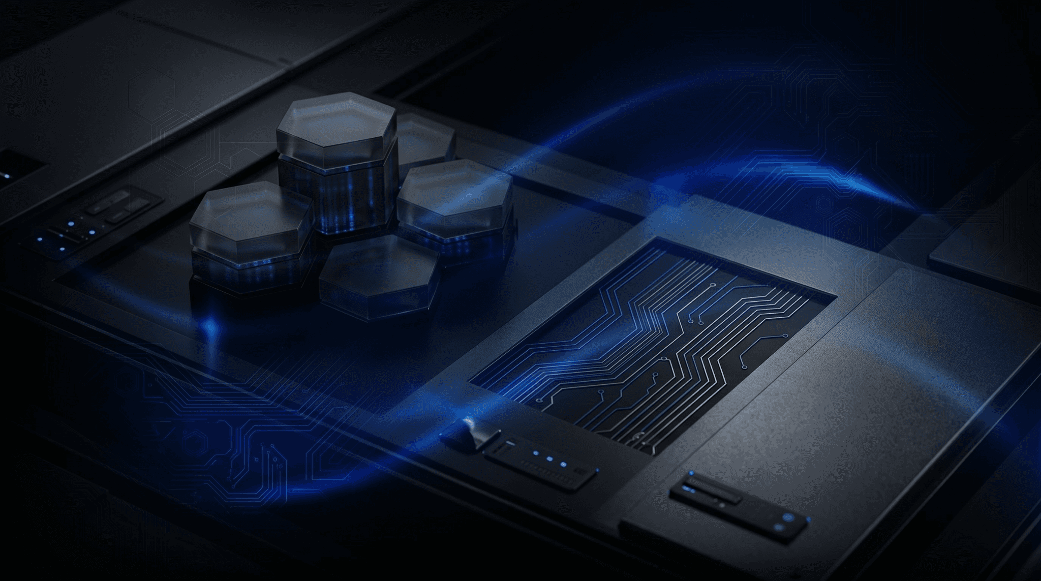 Futuristic digital marketing technology interface with glowing circuit board and hexagonal elements representing AI-powered marketing solutions.