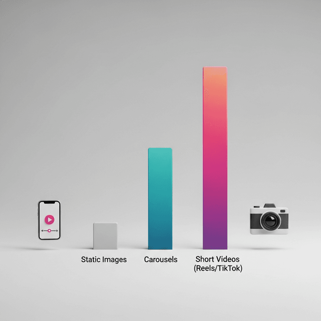 Gráfico comparativo de engajamento entre vídeos curtos, carrosséis e fotos nas estatísticas de redes sociais 2026.