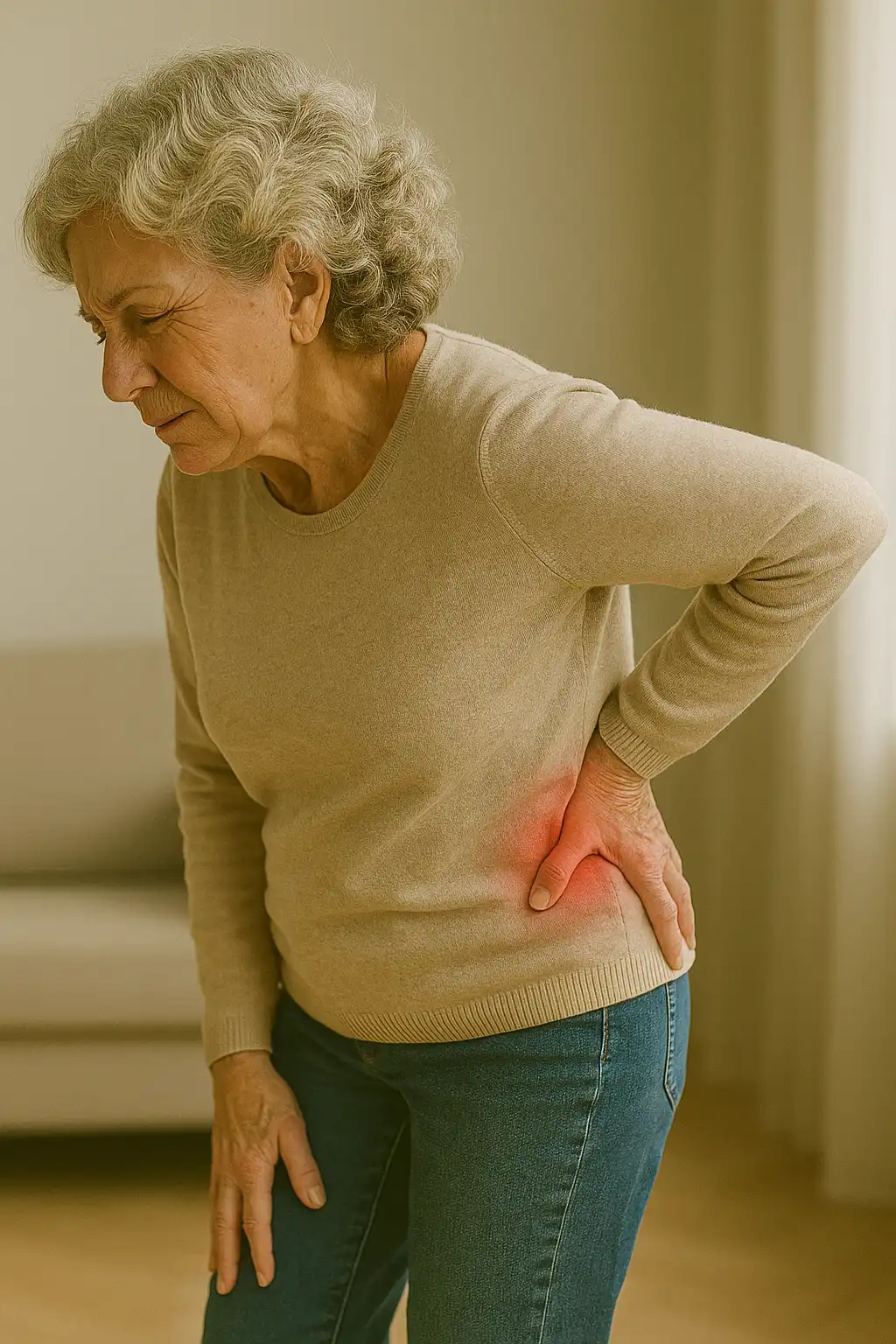 Elderly woman holding her lower back in pain — common osteoporosis-related back pain and reduced bone strength.