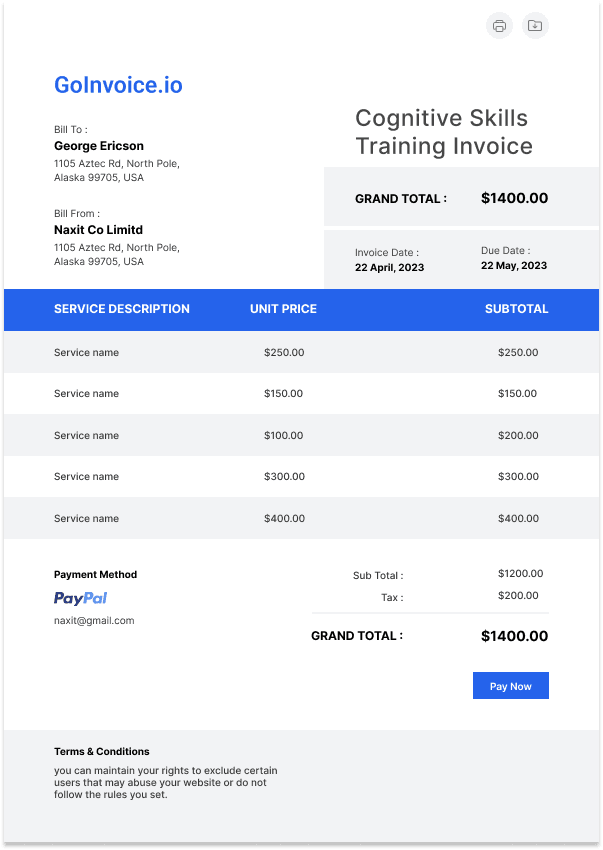 Cognitive Skills Training Invoice