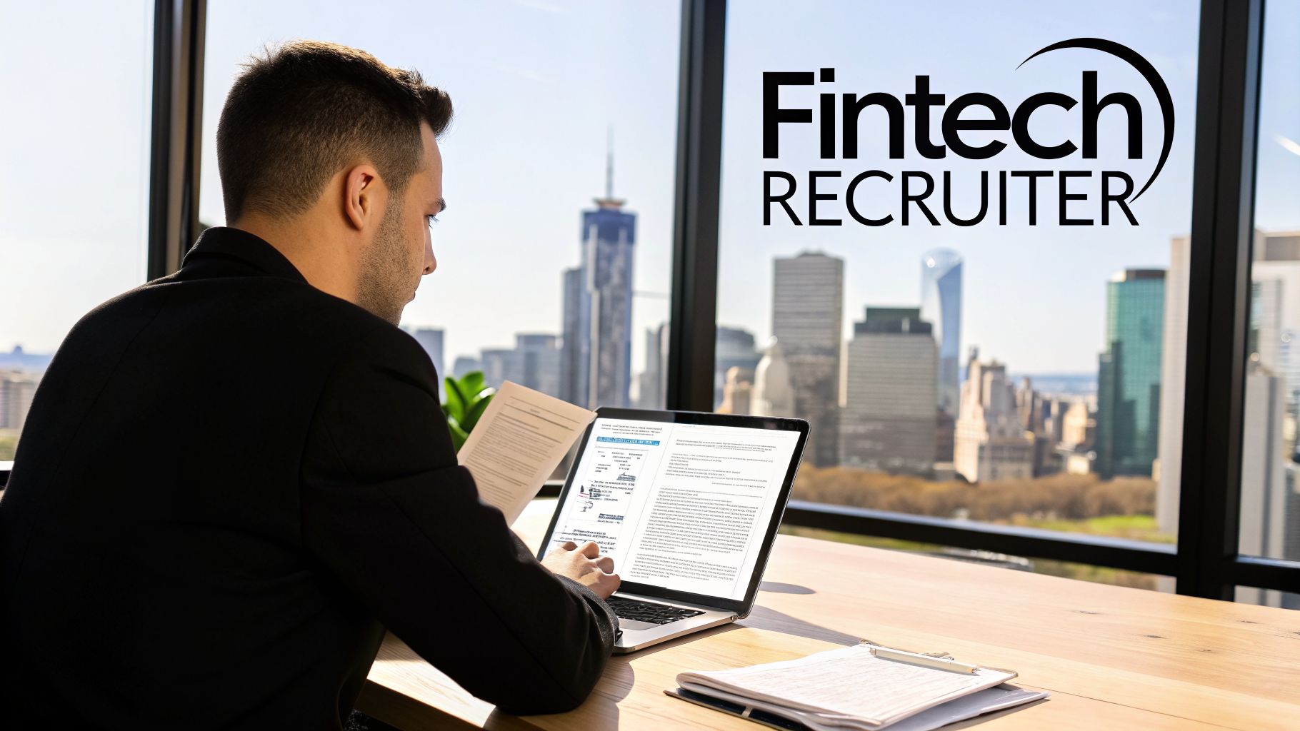 A man in a suit works on a laptop, holding documents, with a city skyline and 'Fintech RECRUITER' logo in the background.