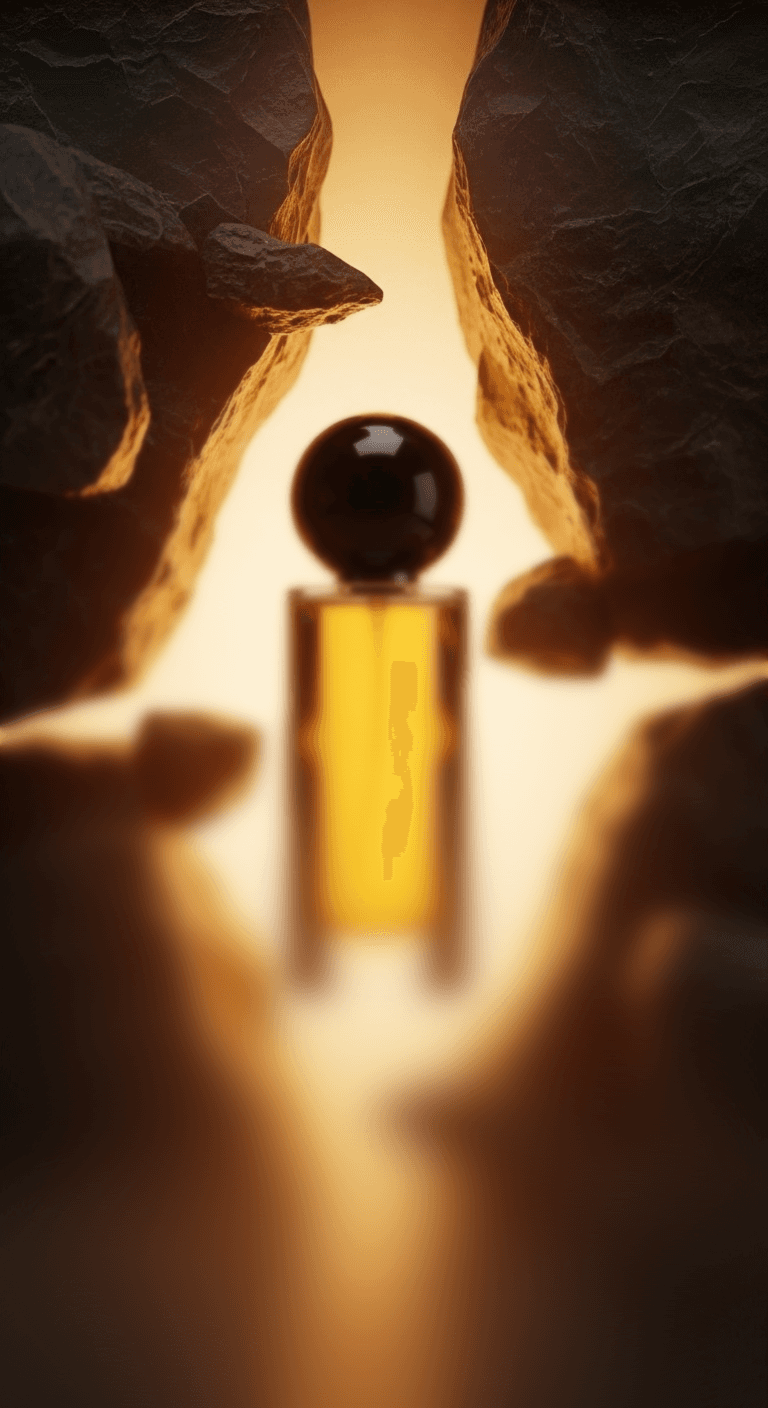 A perfume bottle rests amongst rocks.