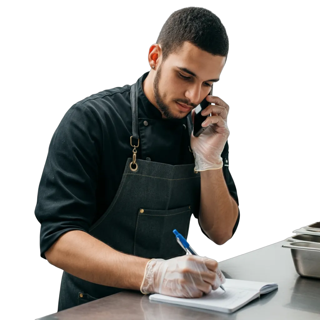 A cook taking notes on a notepad while on a phone call