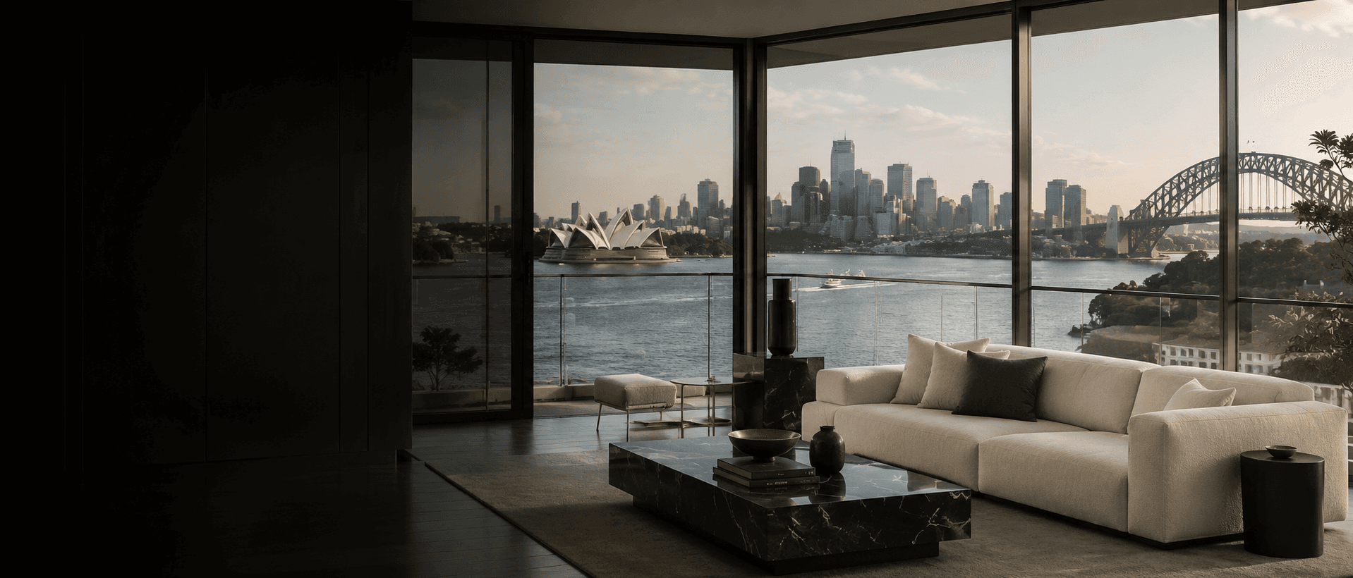 Sydney harbour apartment living room with views of the Sydney Opera House and Harbour Bridge