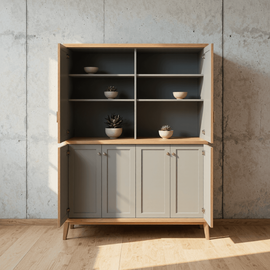 product photography of a kitchen cabinet with storage space and shelves