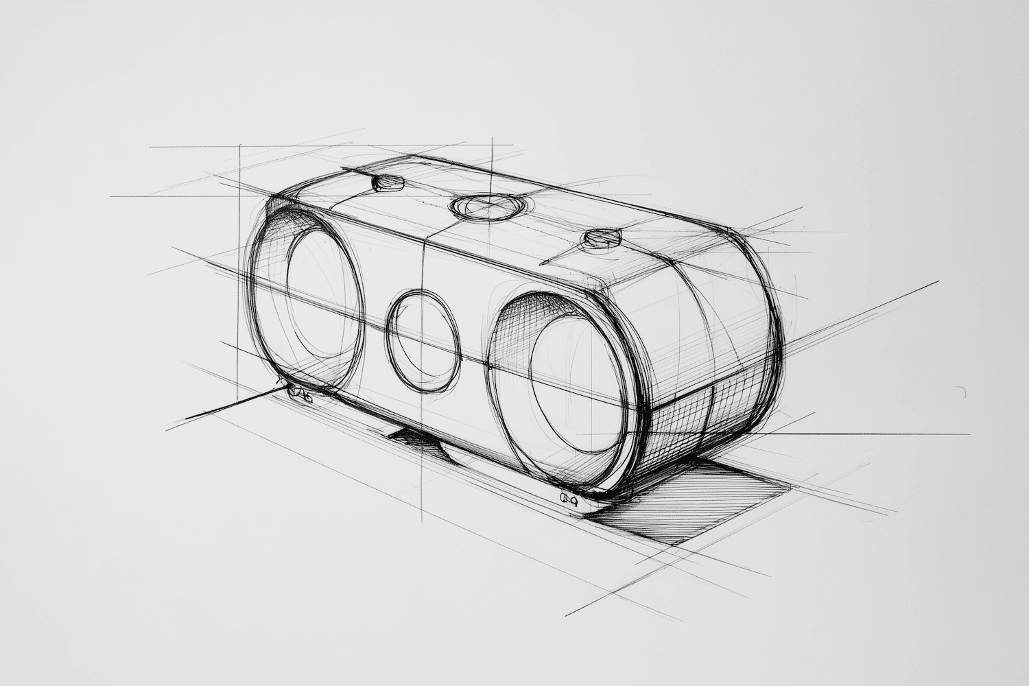 Schwarz-weiße technische Produktzeichnung eines länglichen Geräts