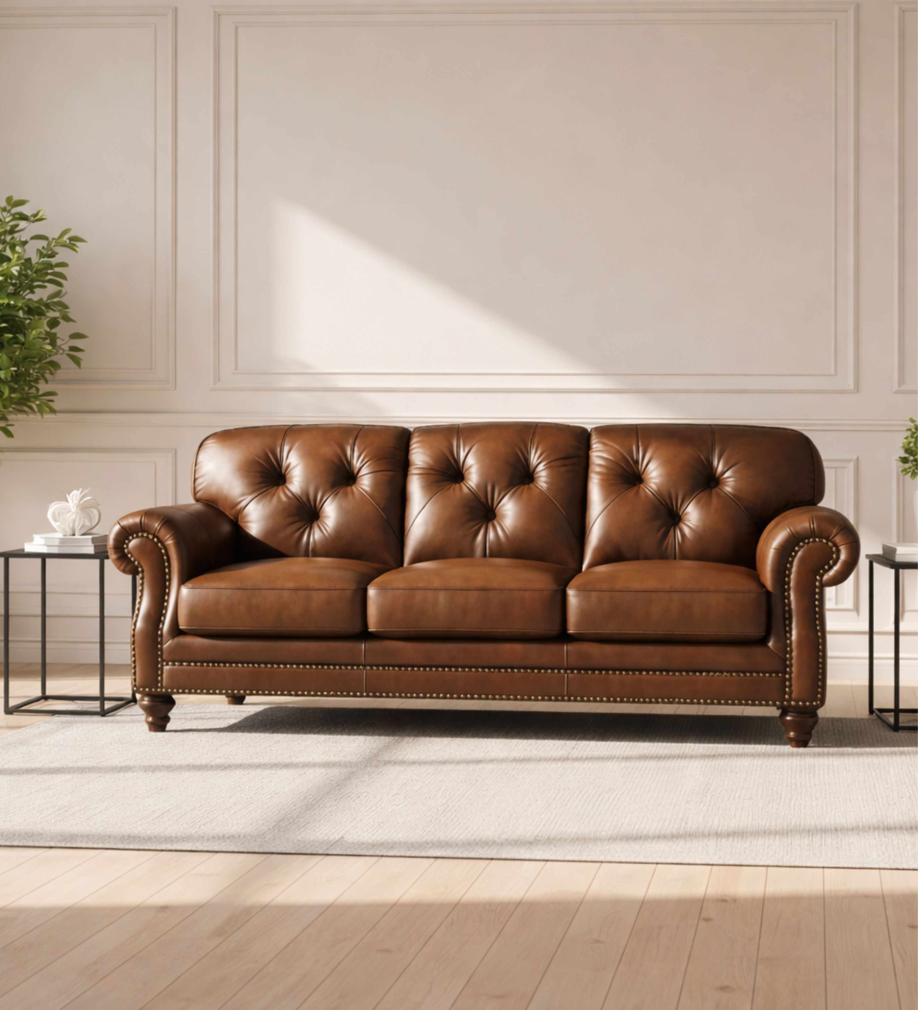 Plum velvet 3-seater with channel tufting and gold-toned legs.