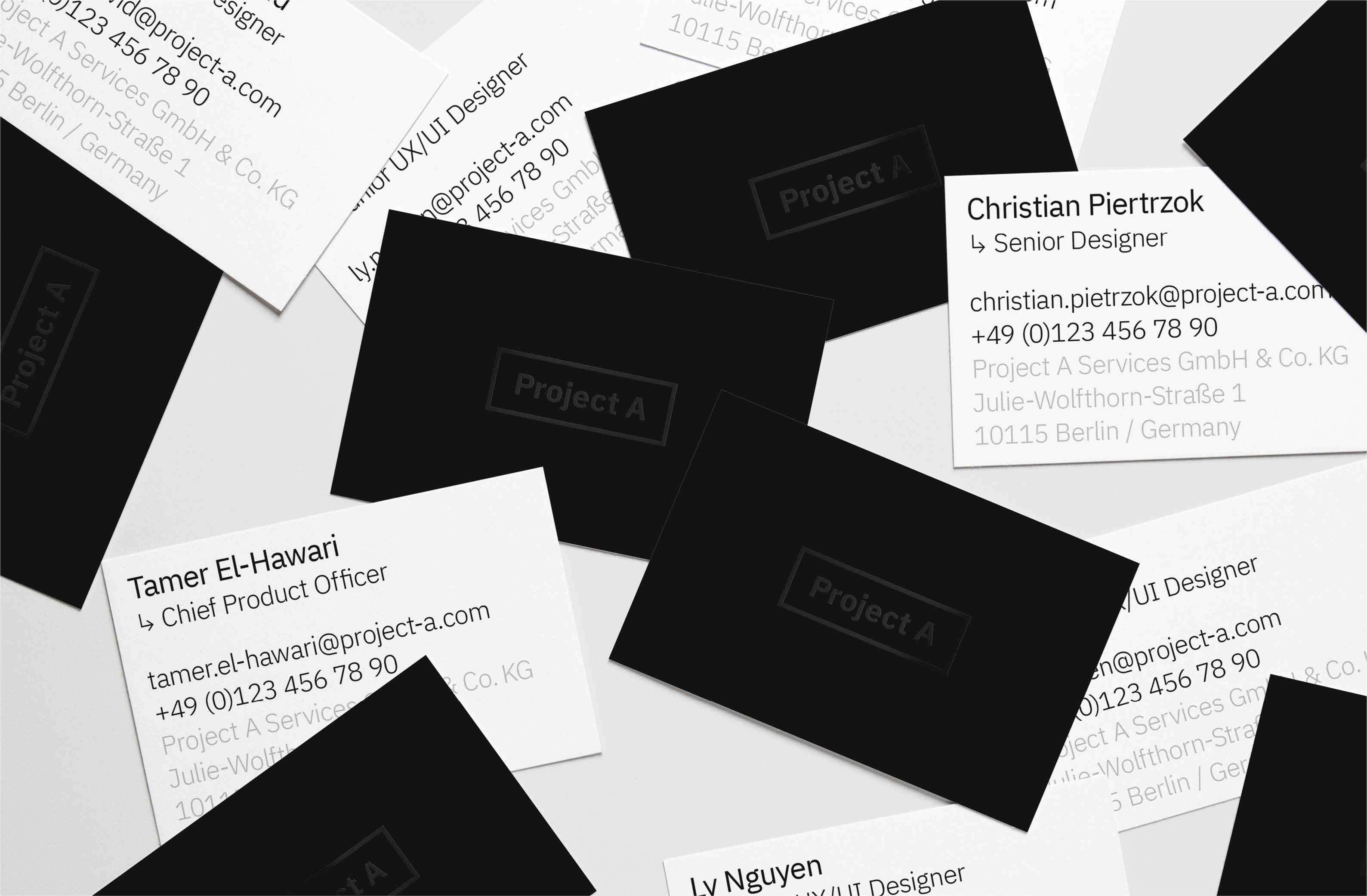 Business cards layout featuring contact information for Project A's team members including positions such as UX/UI Designer and Chief Product Officer.