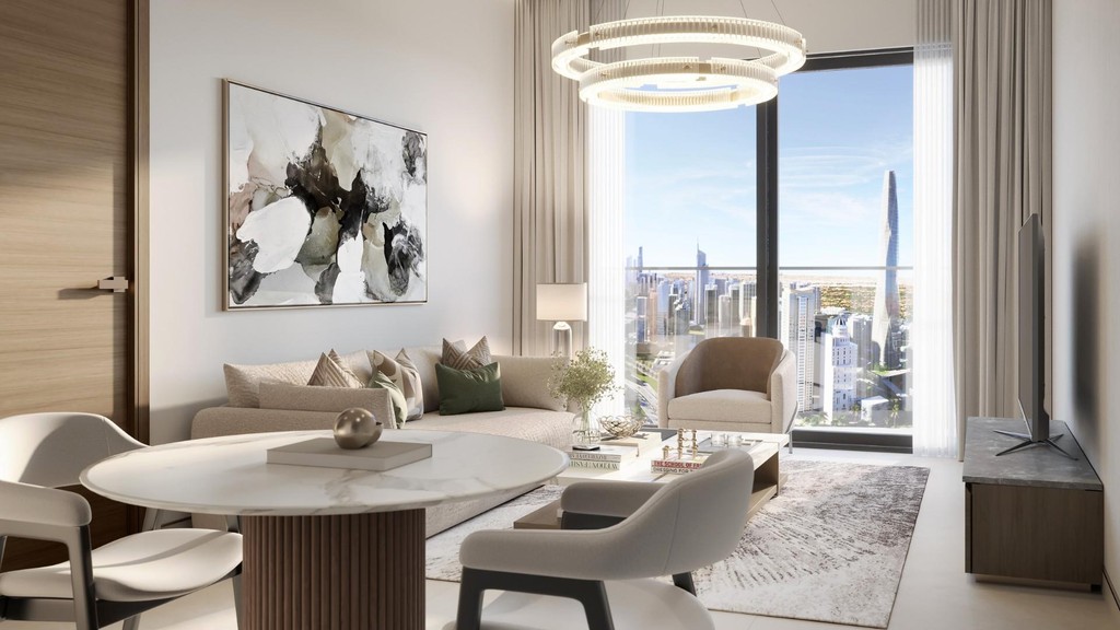 Stylish living room adorned with a large wall painting, highlighting the modern aesthetic of The Mirage at Sobha Central.