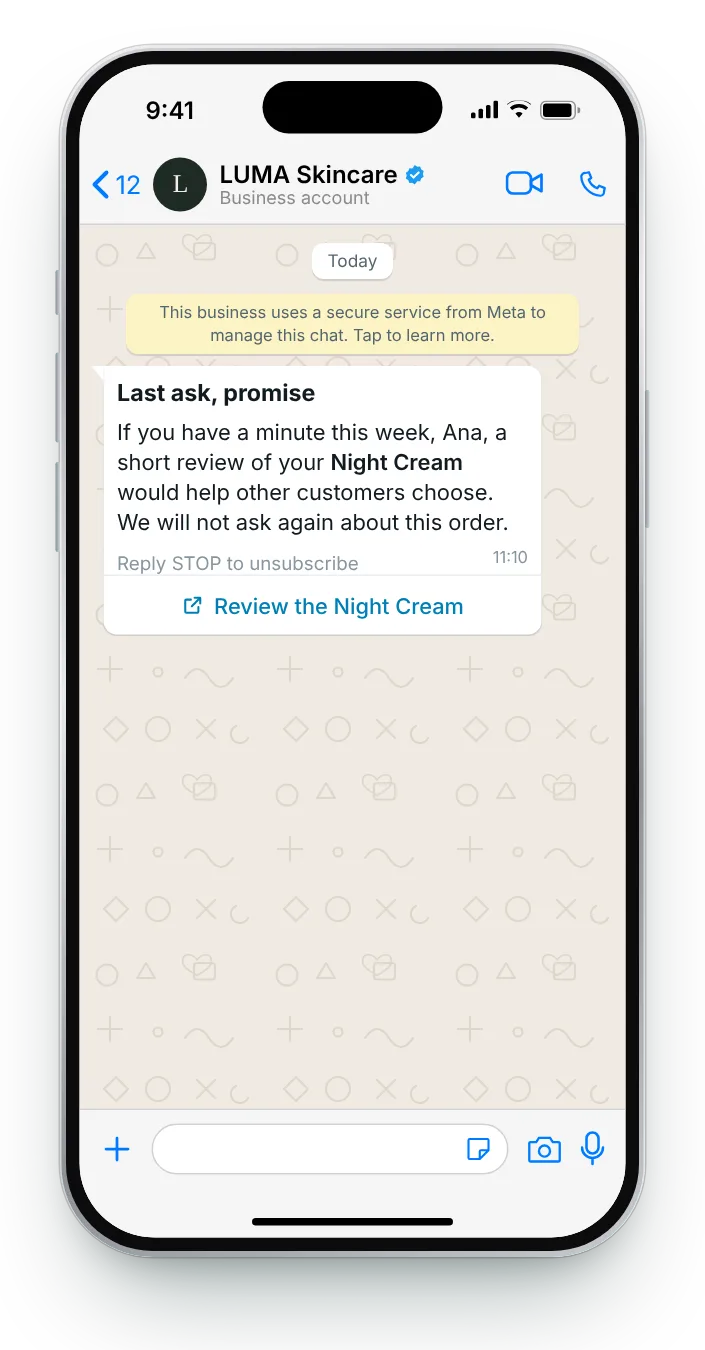One reminder, then nothing: WhatsApp review request on an iPhone