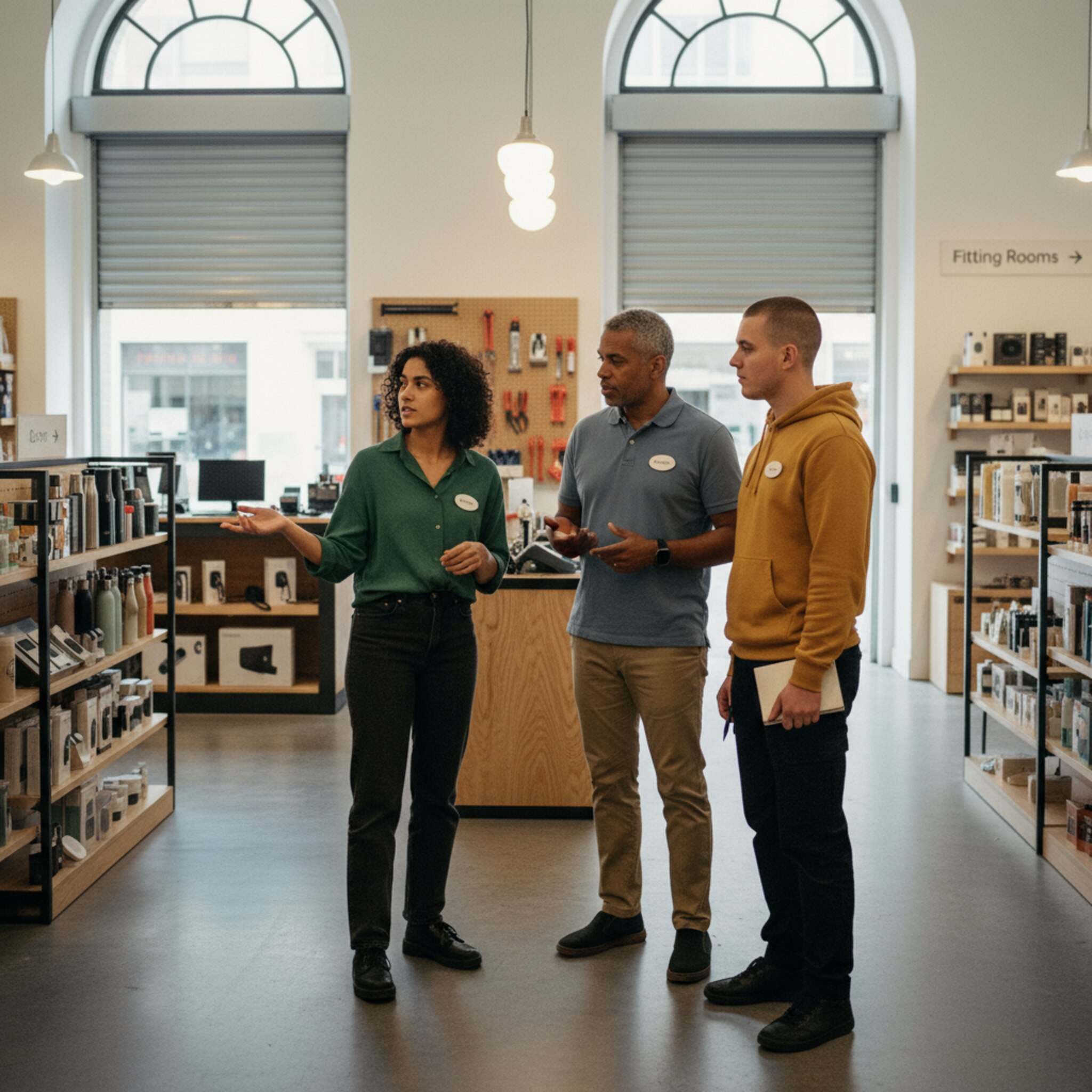 Vor Öffnung stehen drei Mitarbeitende in einem kurzen Huddle zwischen Regalen. Eine Person zeigt auf einen Bereich mit Reparaturbank, eine andere auf die Umkleiden. Jeder trägt ein Namensschild, die Stimmung ist fokussiert. Die Rollenverteilung für den Tag ist klar.