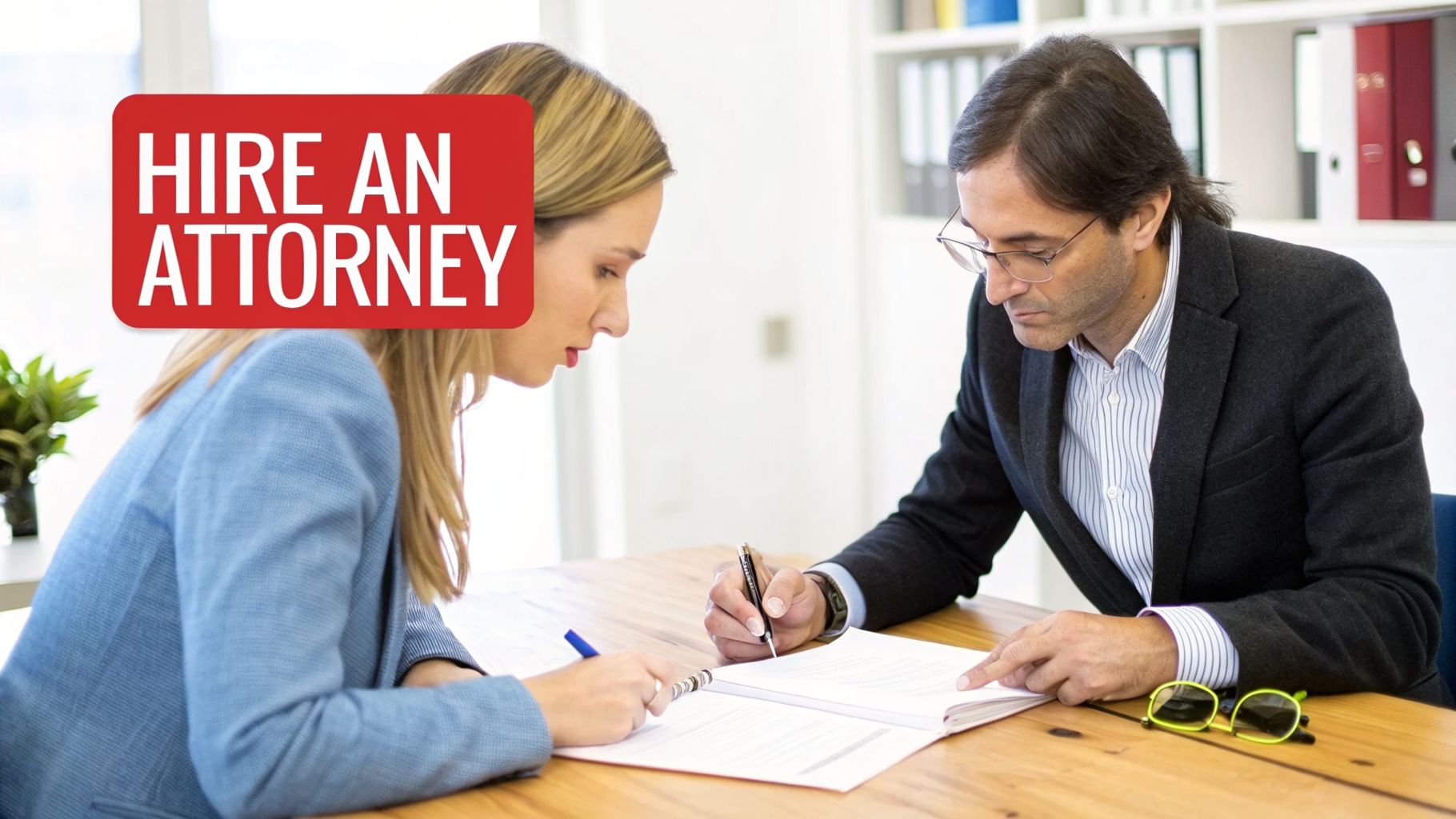 Two professionals, an attorney and a client, reviewing legal documents at a desk with a 'Hire an Attorney' sign.