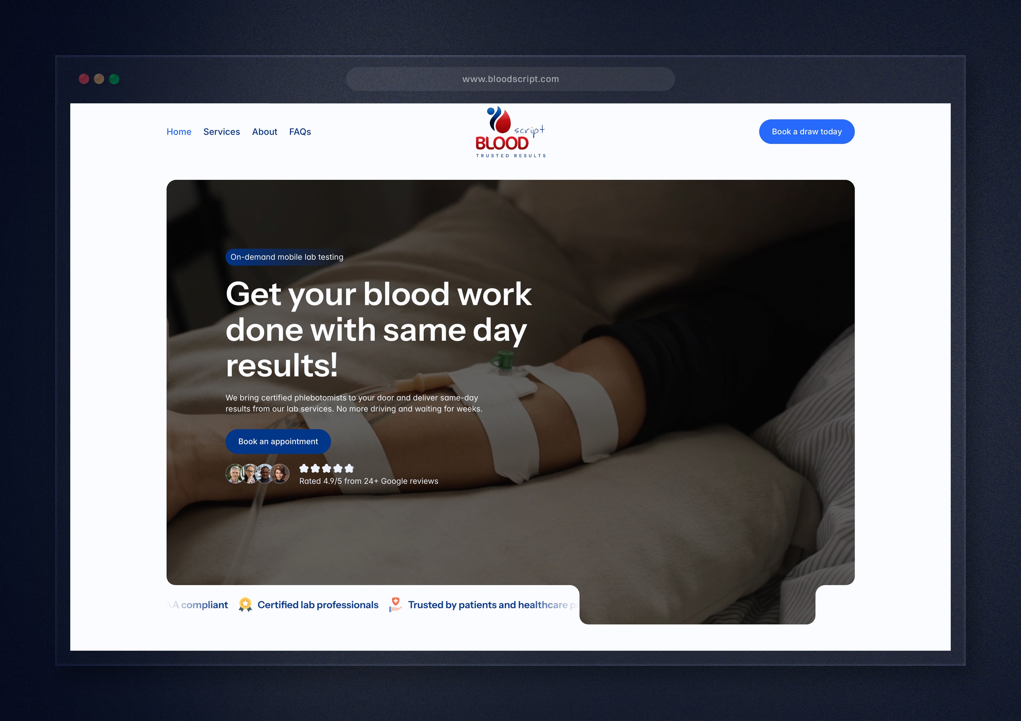 BloodScript same-day mobile lab testing website shown on a desktop screen