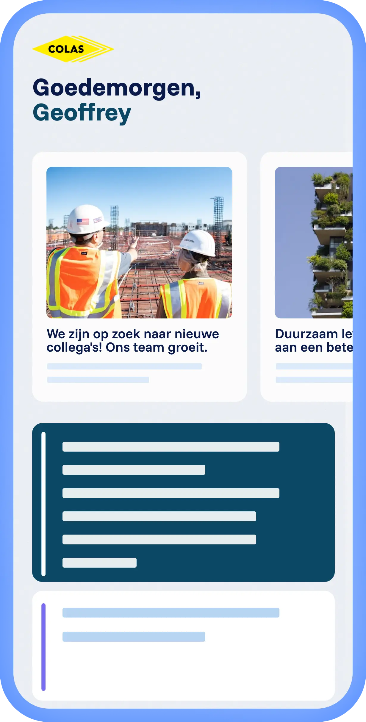 Spencer platform met lokale ervaring en eigen CFE branding, gepersonaliseerde feed met artikelen en overzichtelijke layout