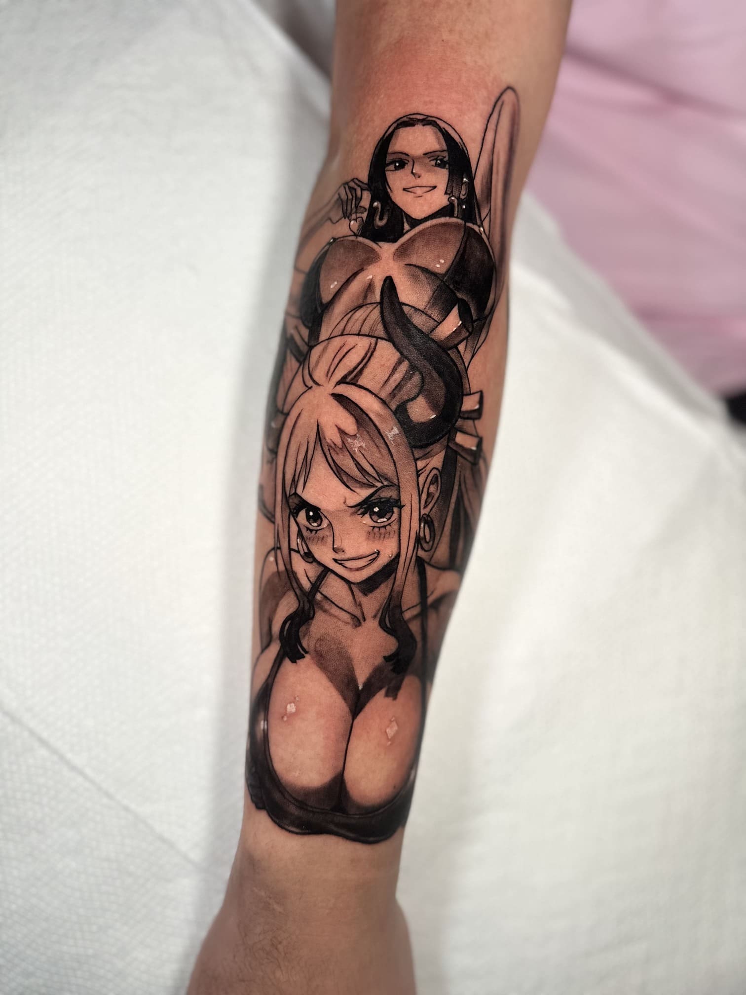 Anime Beauties in Black & Grey: Bold Forearm Tattoo
