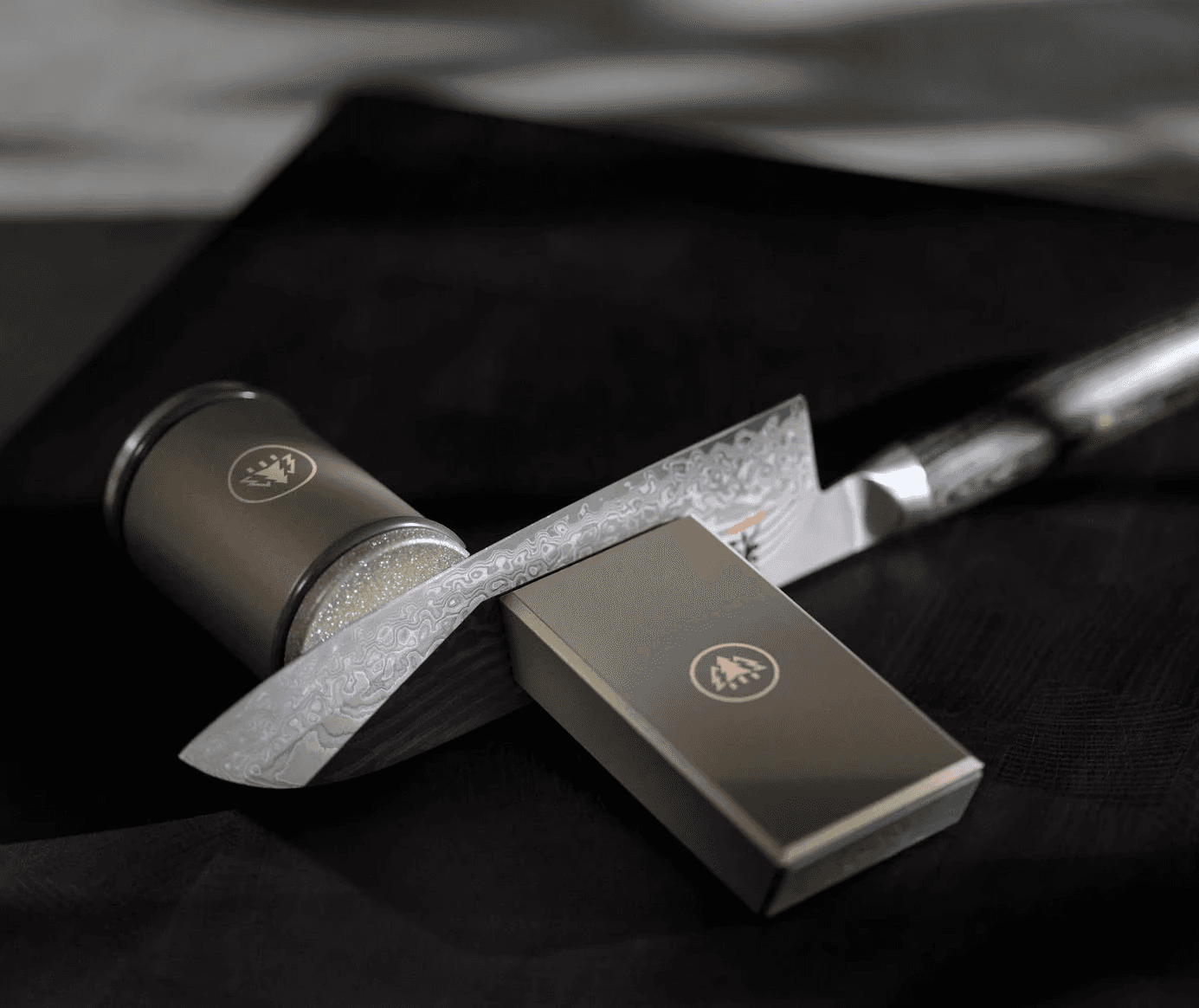 Placing the HORL® Leather Strop on a flat, stable surface in preparation for knife stropping.