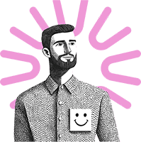 Illustration d'un homme souriant avec une barbe, un motif sur sa chemise et un smiley sur sa poche.