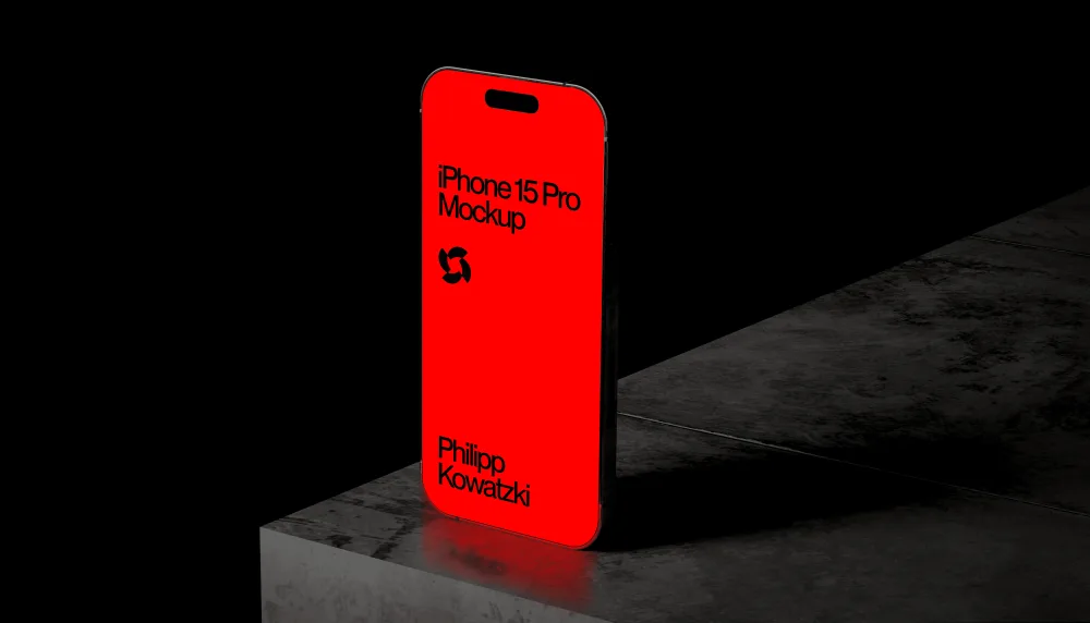 A sleek iPhone 15 Pro mockup standing upright on a dark concrete surface against a black background. The device's reflective edges and red screen design create a modern, dramatic contrast.
