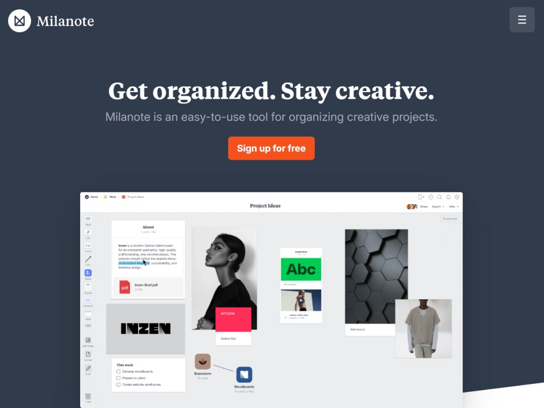 Creative organization app featuring a digital mood board and sign-up button.