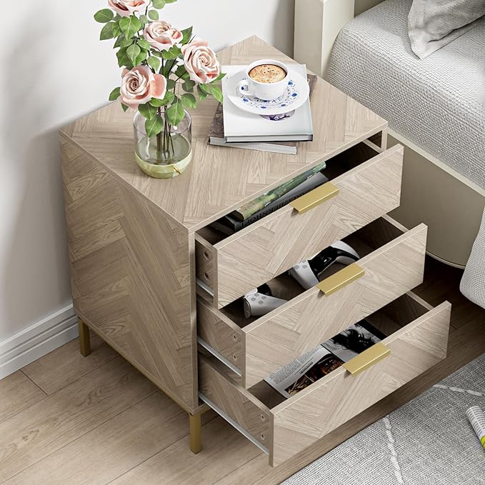 Elegant 3 drawer oak nightstand with ample storage space and a timeless design.