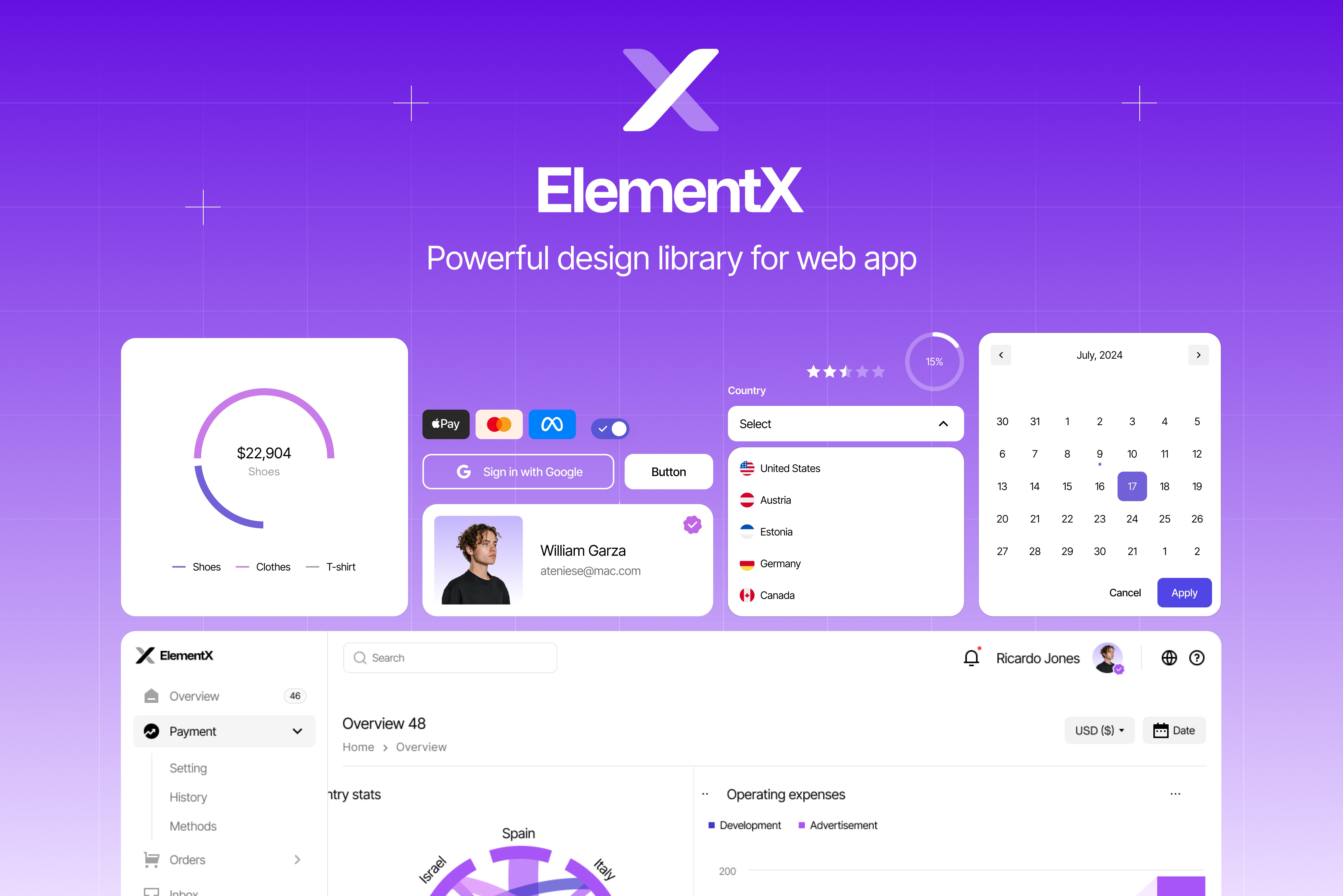 ero section for ElementX — design library for web apps with purple UI components