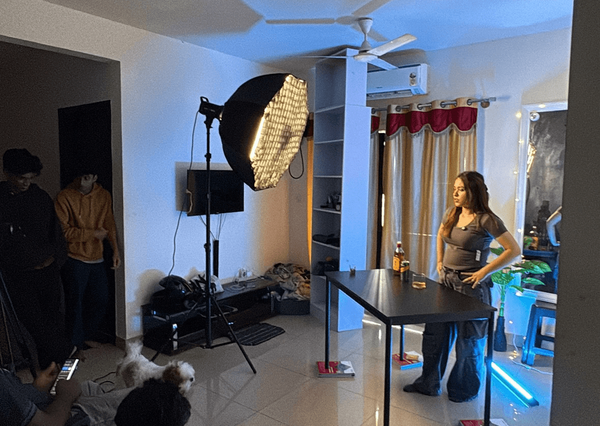 Person in fog with a glowing, glitching computer monitor head, dark cyberpunk portrait.