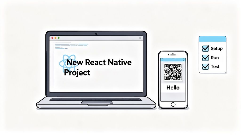 Visualizing React Native mobile development: a laptop with project, smartphone with QR code, and a completed checklist.