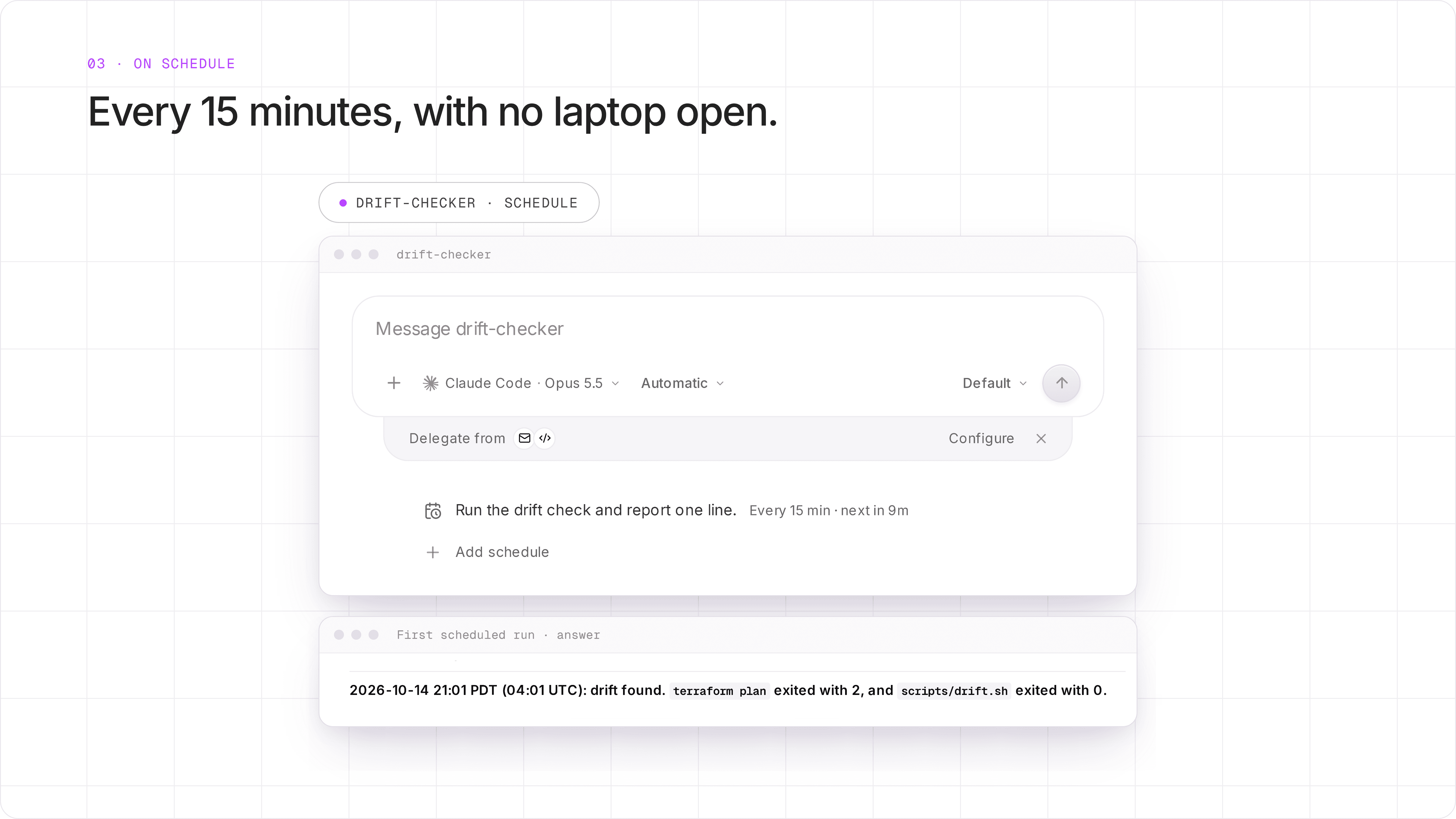 The drift-checker schedule, Every 15 min, and the first scheduled answer at 04:01 UTC: drift found, terraform plan exited with 2.