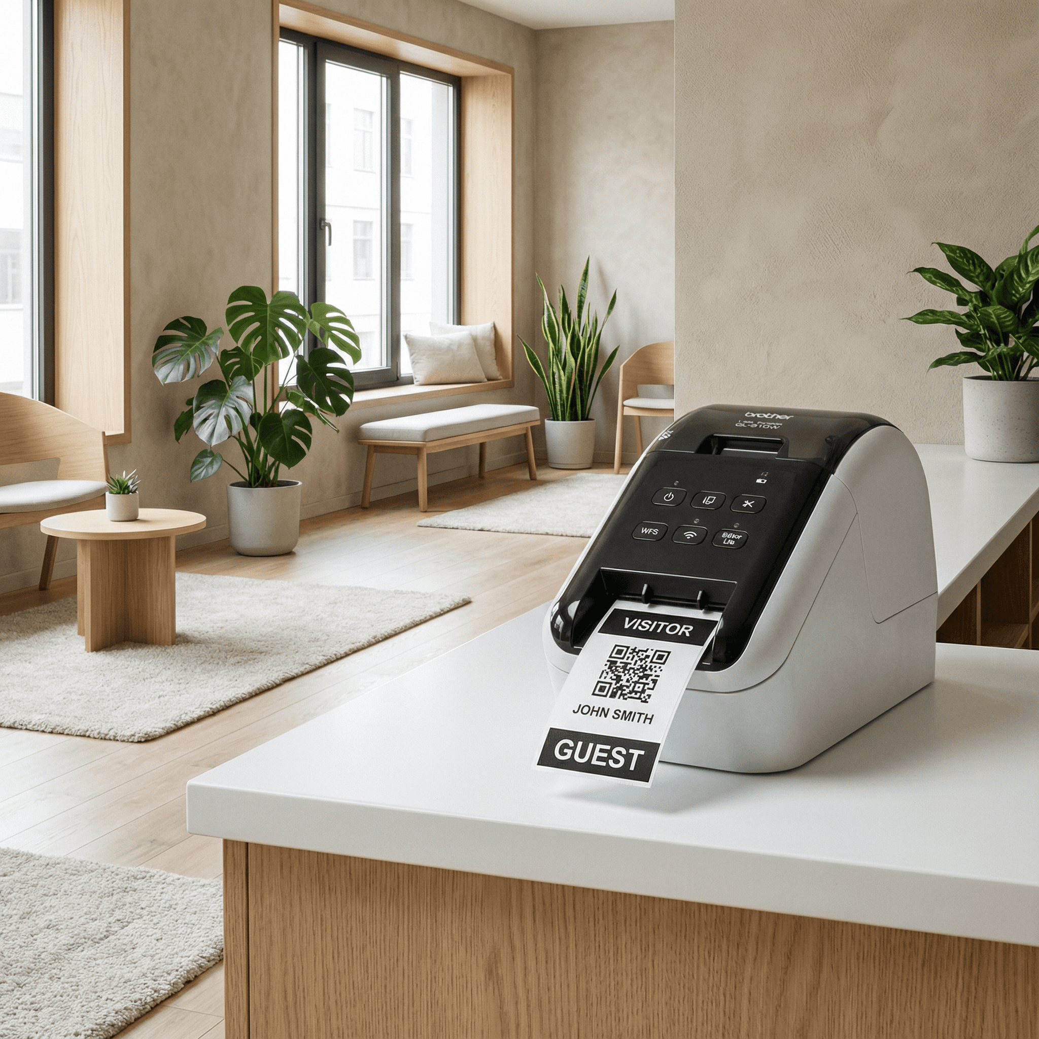 Brother QL810 Drucker am Empfang druckt Besucherausweis über anny aus