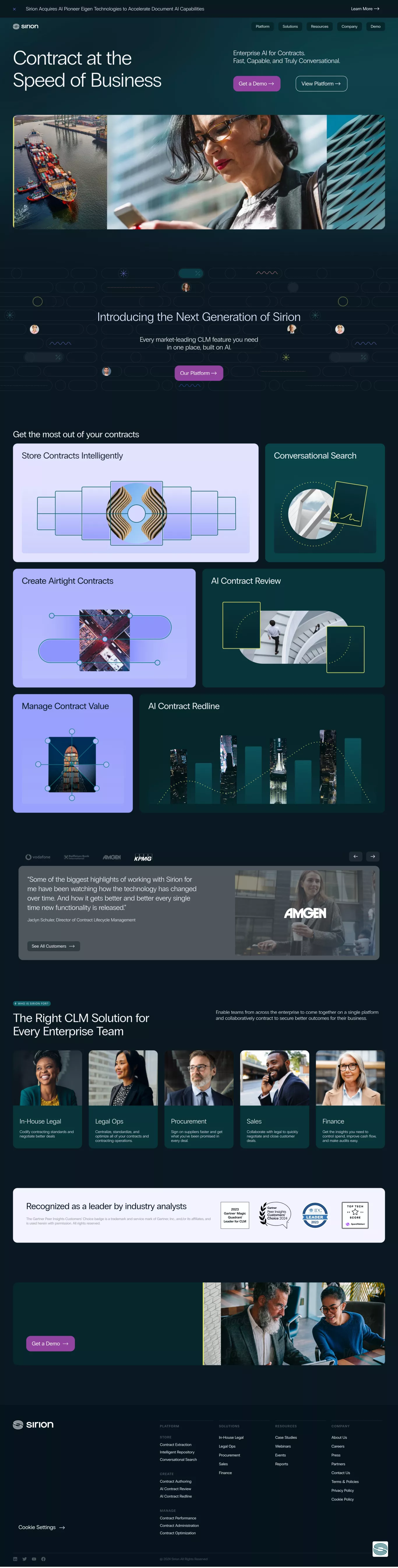 Sirion: The leader in AI contract manage landing page screenshot showcasing Tech and AI design