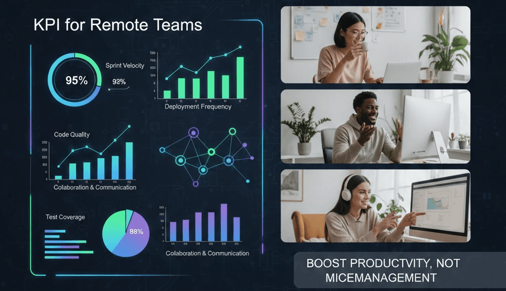 Remote team performance dashboard showing KPIs and productivity metrics.