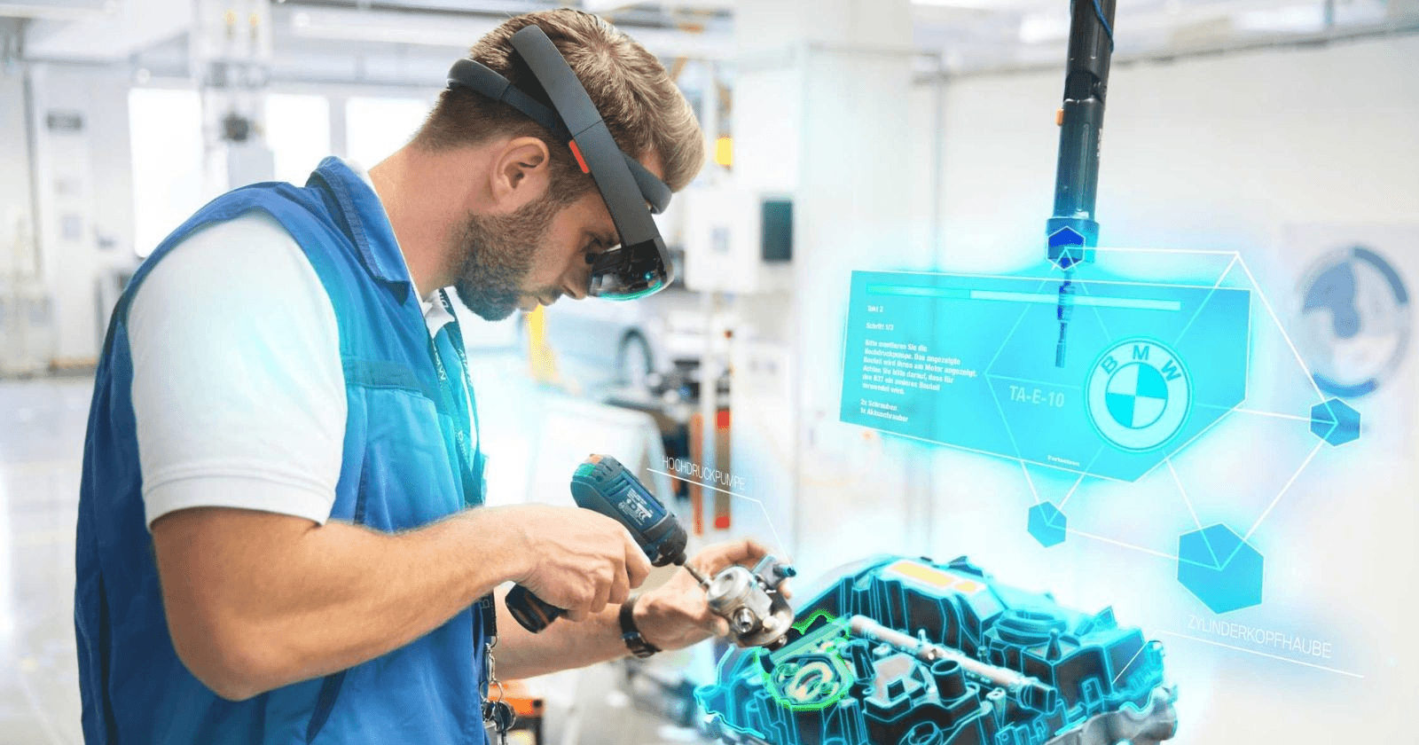 Industrial worker using HoloLens 2 on an engine, adjacent to a SLAM technology process flow diagram showing point cloud generation to physics response.