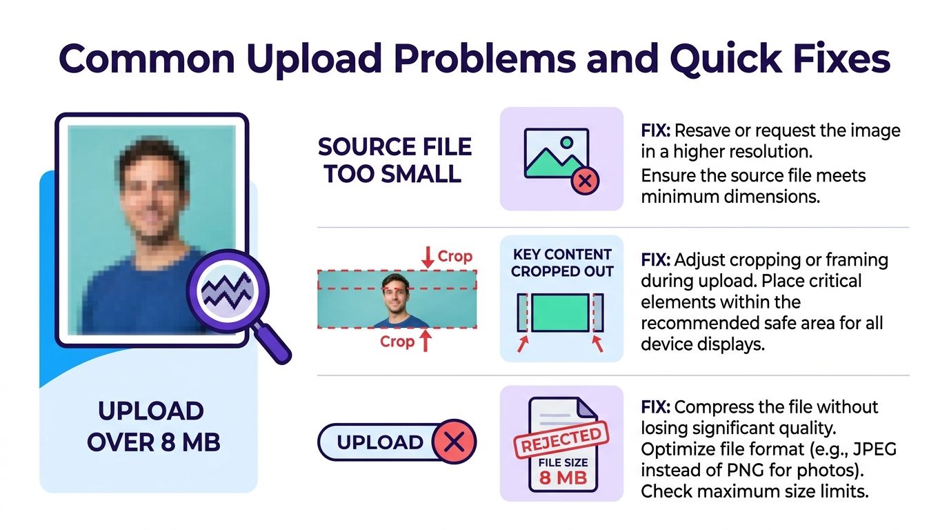 A visual guide explaining common file upload errors like low resolution, improper cropping, and excessive file size.