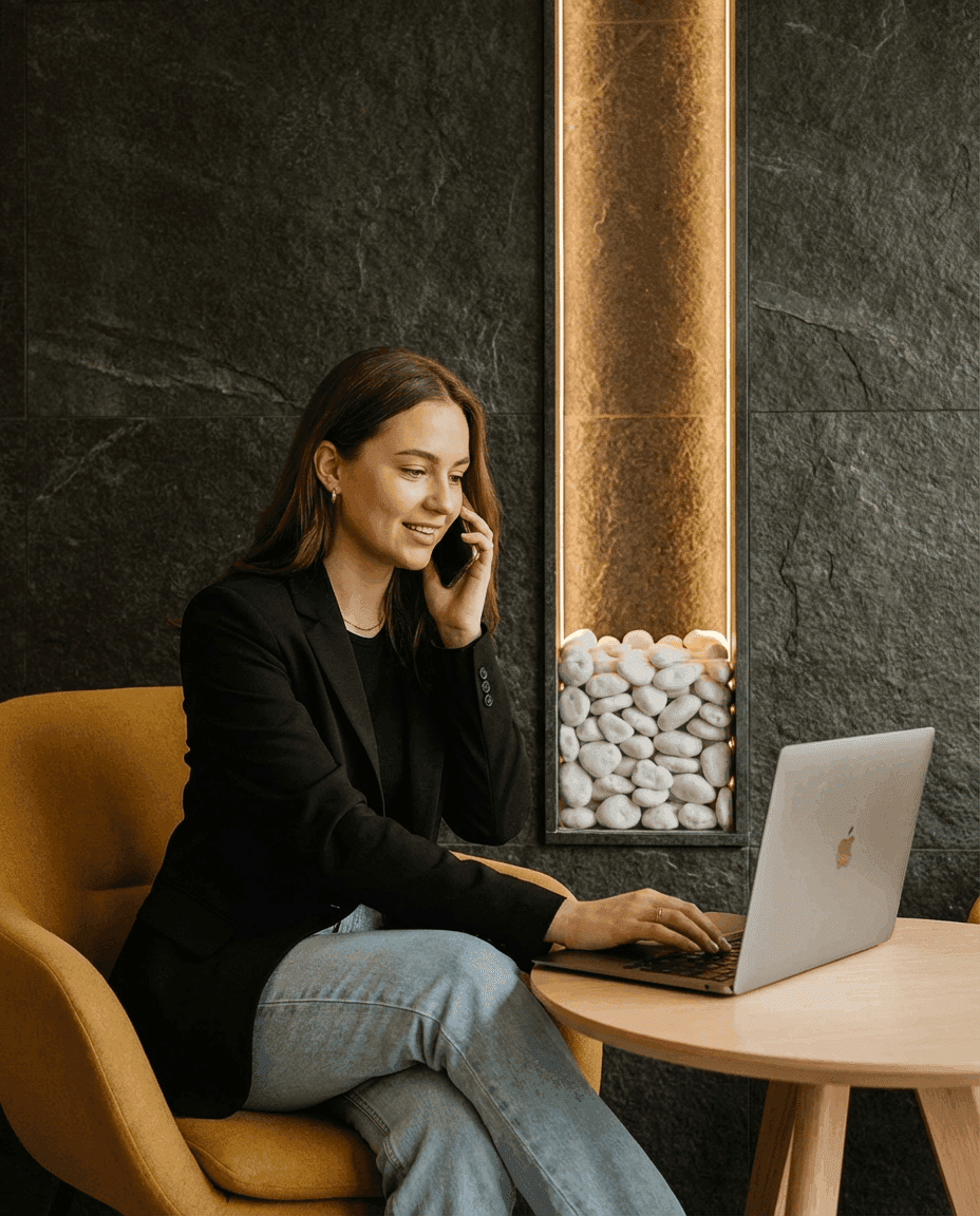 man sitting on couch with looking at his MacBook on table