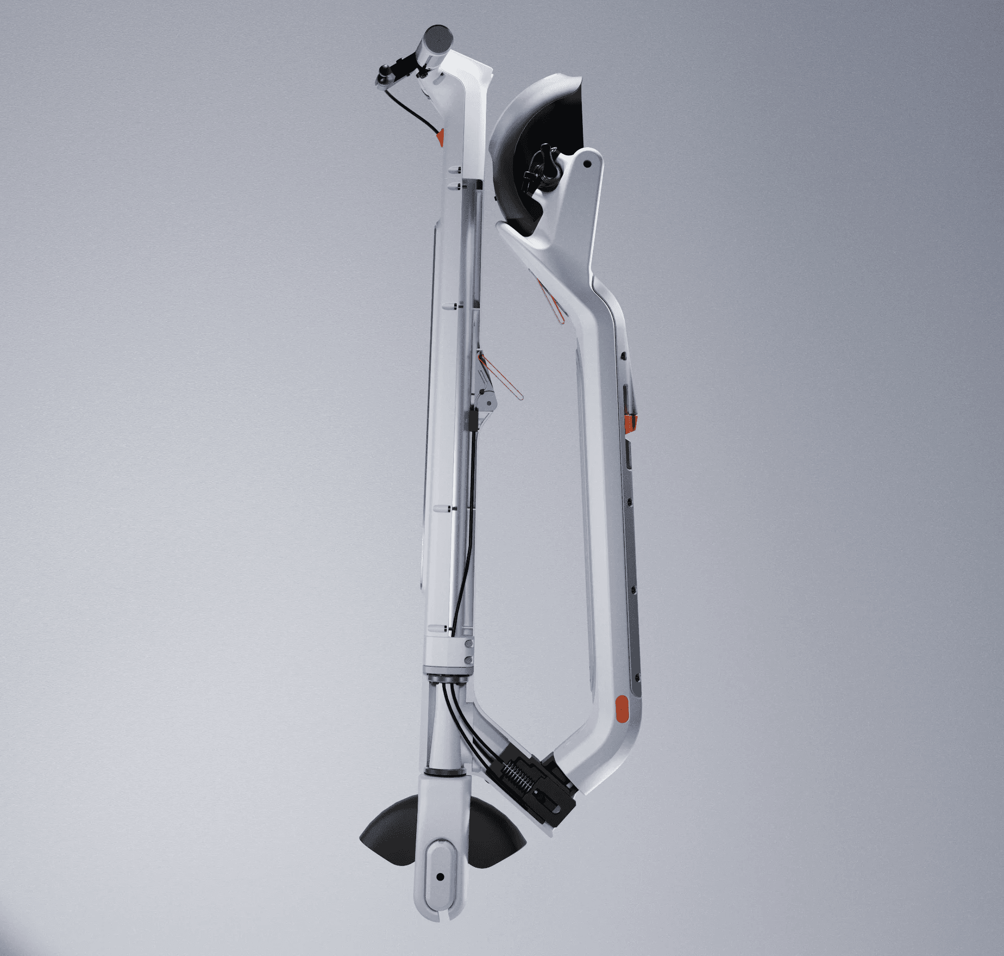 Section view of an electric scooter frame demonstrating product architecture, manufacturability, and component assembly.