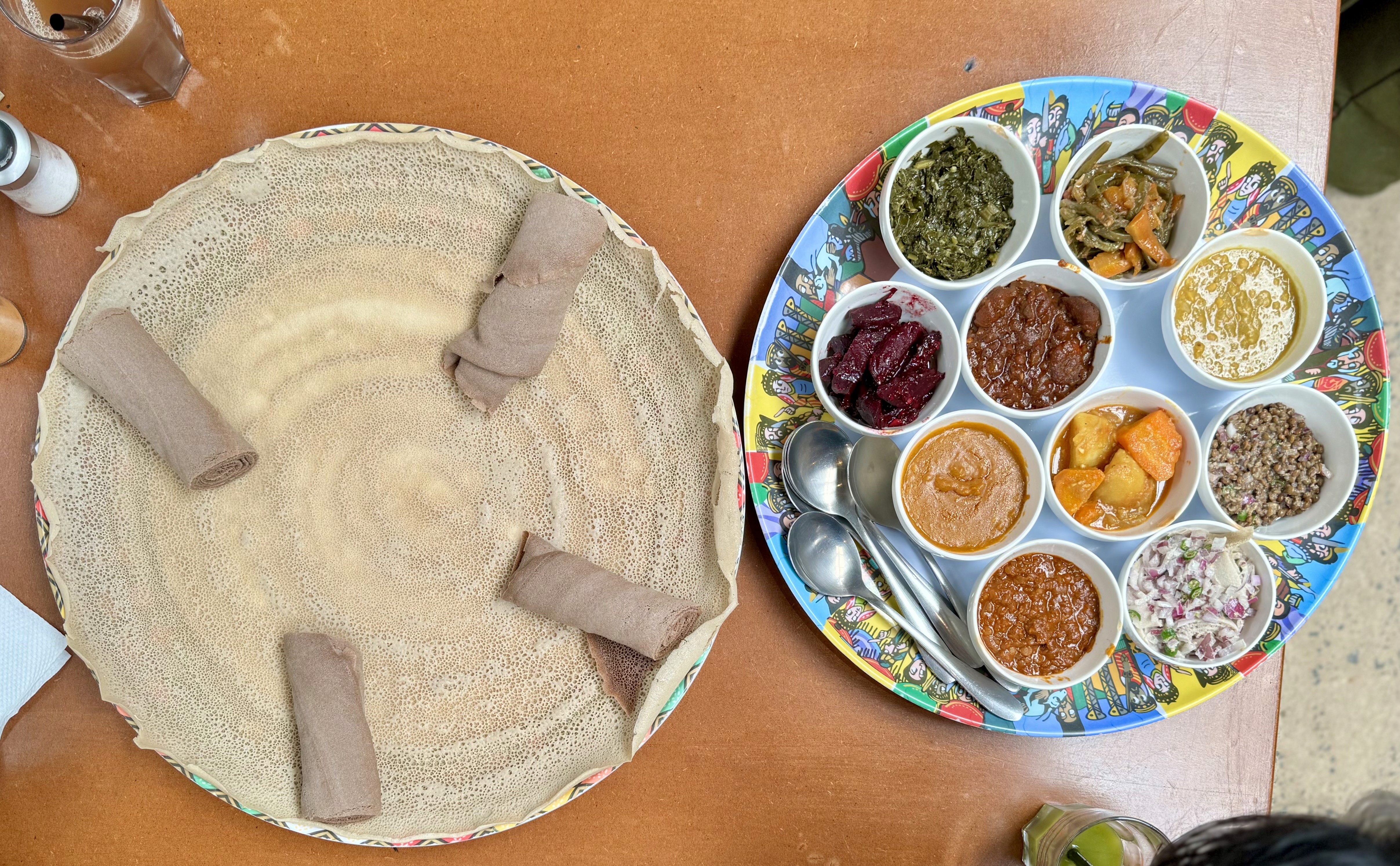 A spread of injera and other delicacies in Ethiopian cuisine